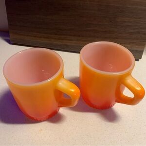 Fire King Anchor Hocking 2 Orange Ombré D Handle Stackable Coffee Mugs Vintage